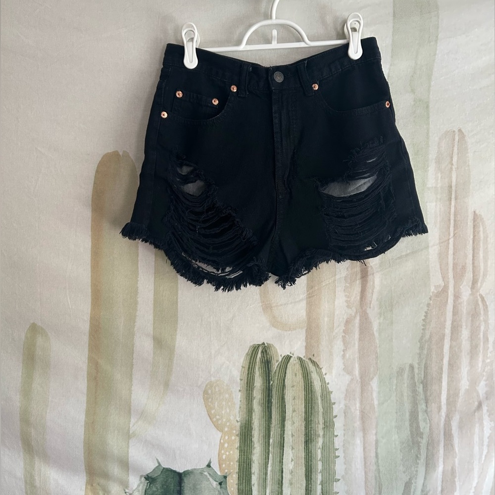 Black Distressed High Waisted Denim Shorts